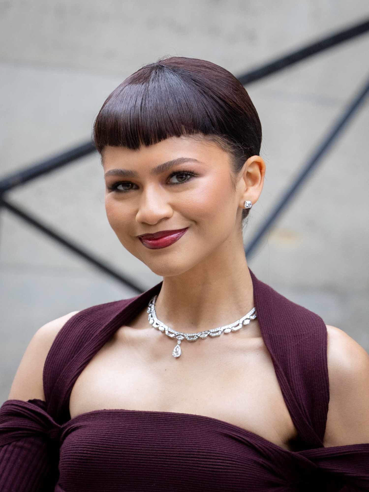 Burgundy Knit Top with Micro Bangs and Diamond Necklace Burgundy Knit Top with Micro Bangs and Diamond Necklace — Baby Bangs