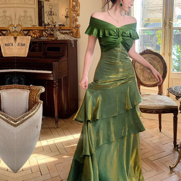 Green Off-the-Shoulder Dress with Tiered Ruffled Skirt — Off the Shoulder Dresses