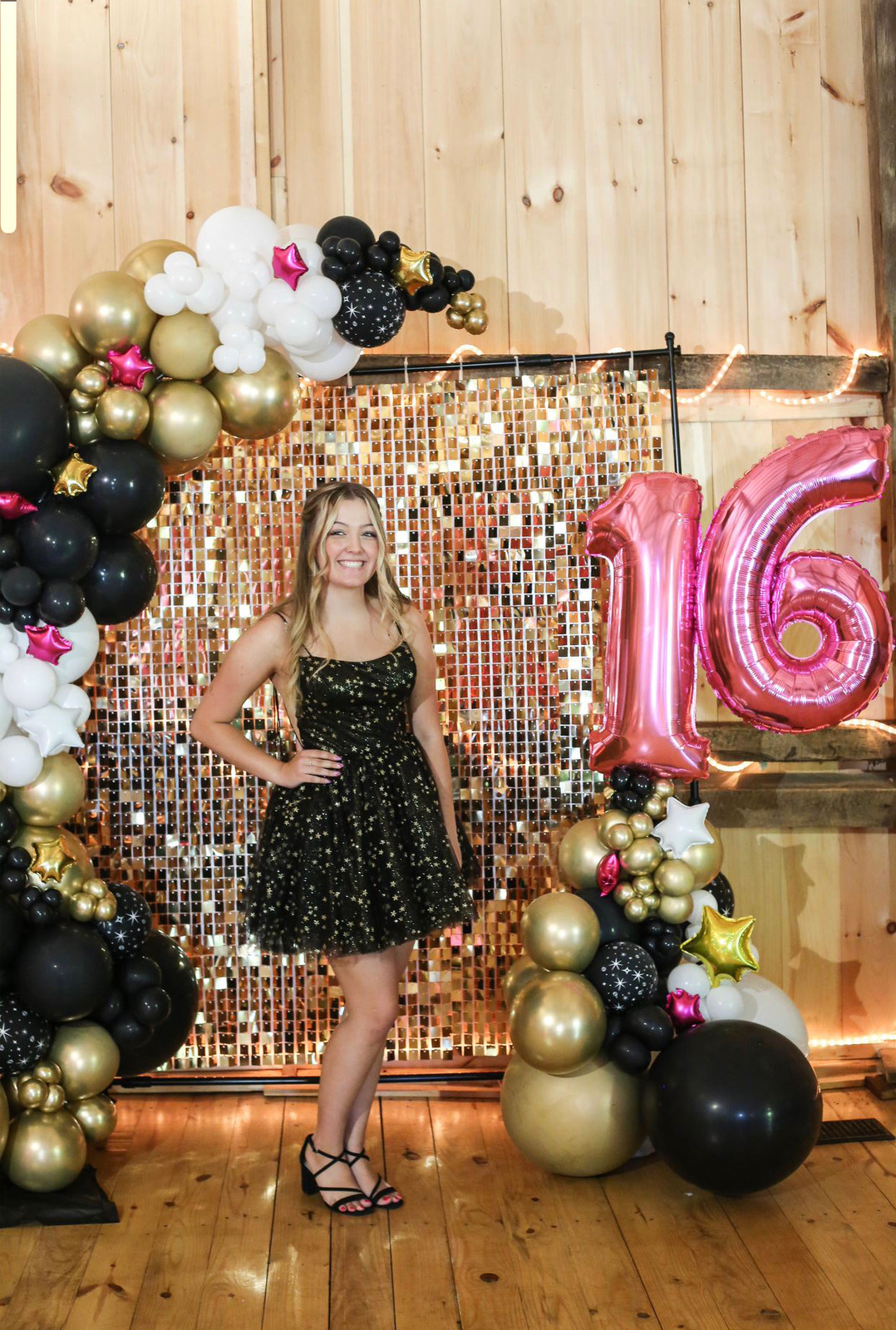 Playful Black Glitter Mini Dress with Gold Star Print Playful Black Glitter Mini Dress with Gold Star Print — Sweet 16 Guest Outfits