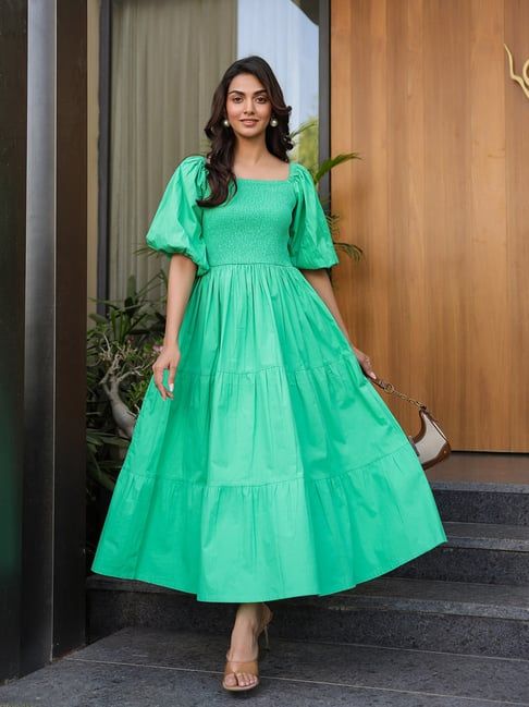 Black Voluminous Sleeve Fit-and-Flare Midi Dress Black Voluminous Sleeve Fit-and-Flare Midi Dress — Church Dresses