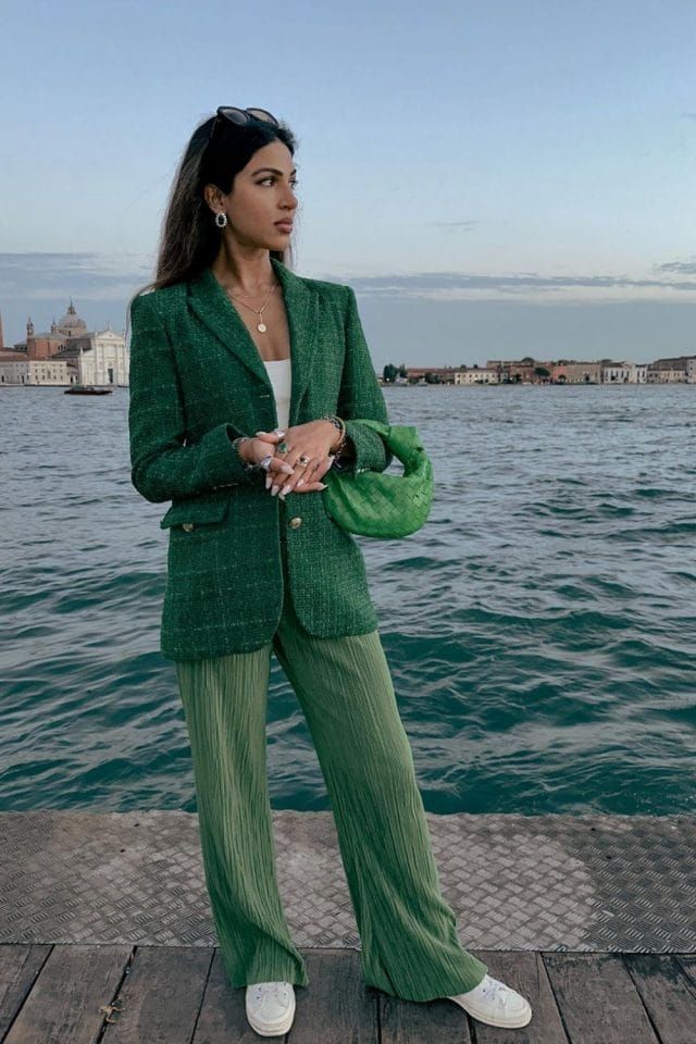 Green Tweed Blazer with Wide-Leg Pants — Venice Outfits