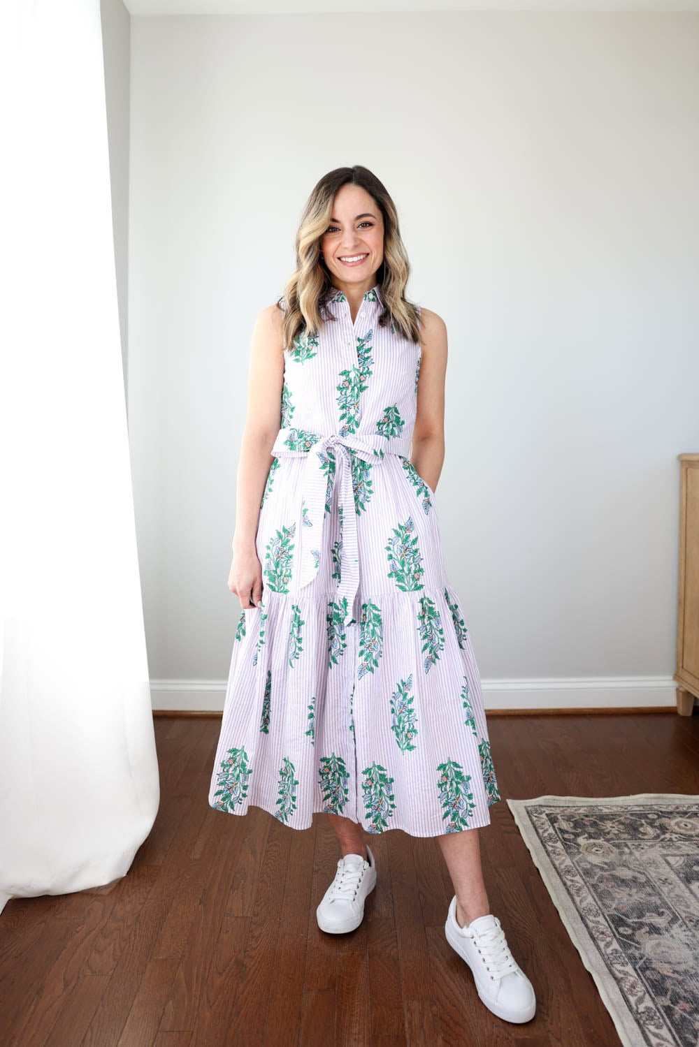 Striped and Floral Midi Dress with White Sneakers — Sneakers with Dress Outfits