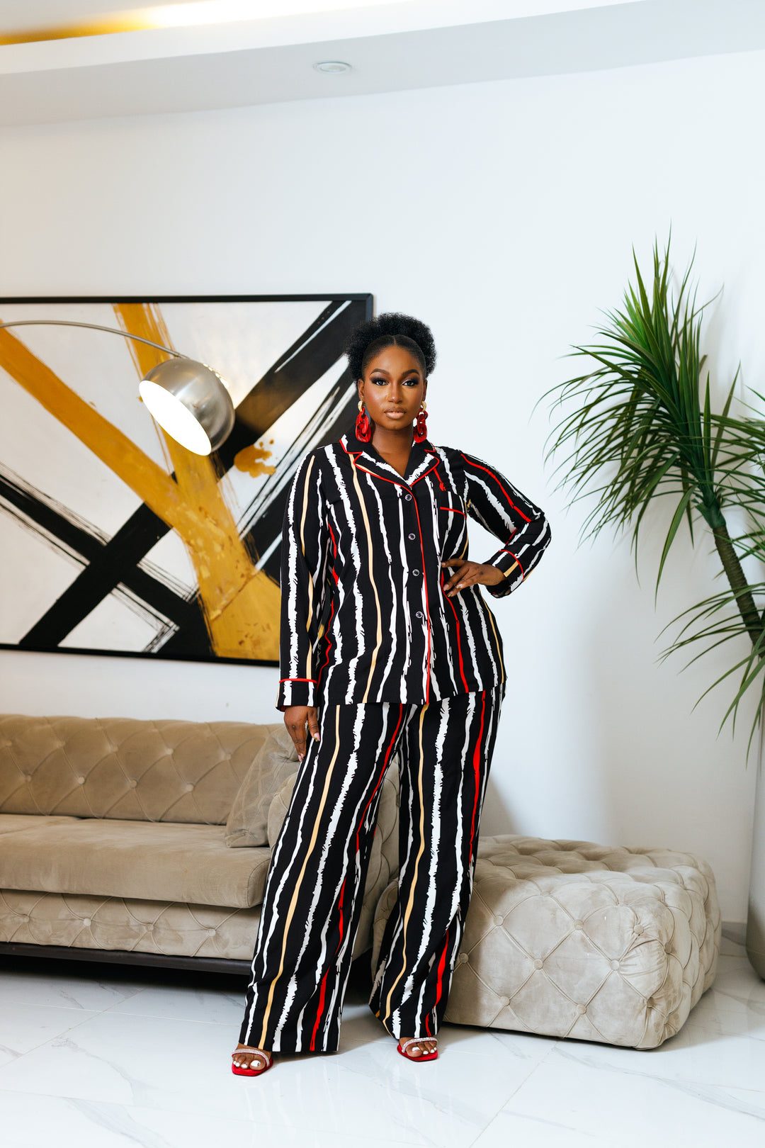 Striped Pajama Set With Strappy Heels Striped Pajama Set With Strappy Heels — Afrocentric Outfits