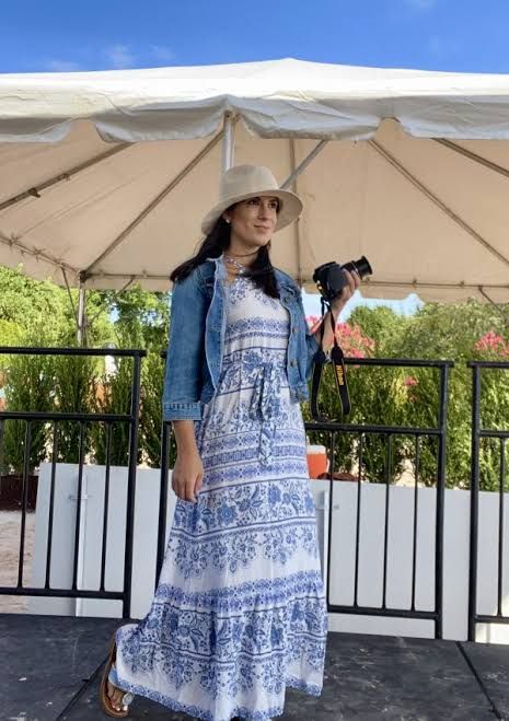 Denim Jacket Over Patterned Maxi for Casual Days — Hamptons Outfits