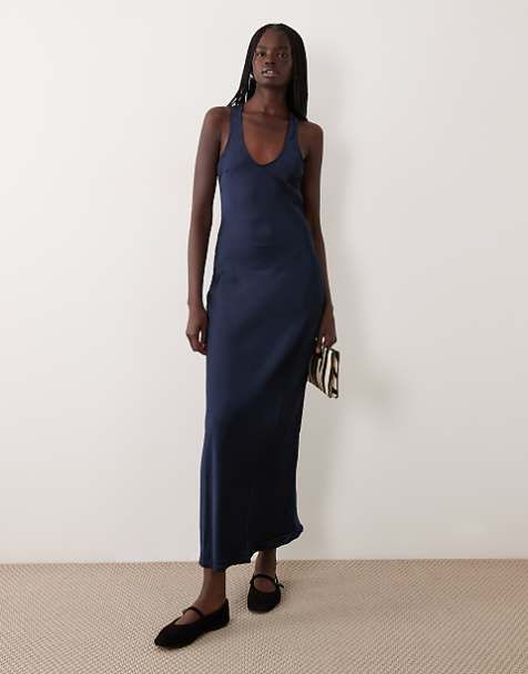 Navy Blue Satin Slip Dress for Casual Evenings — Going Out Dresses