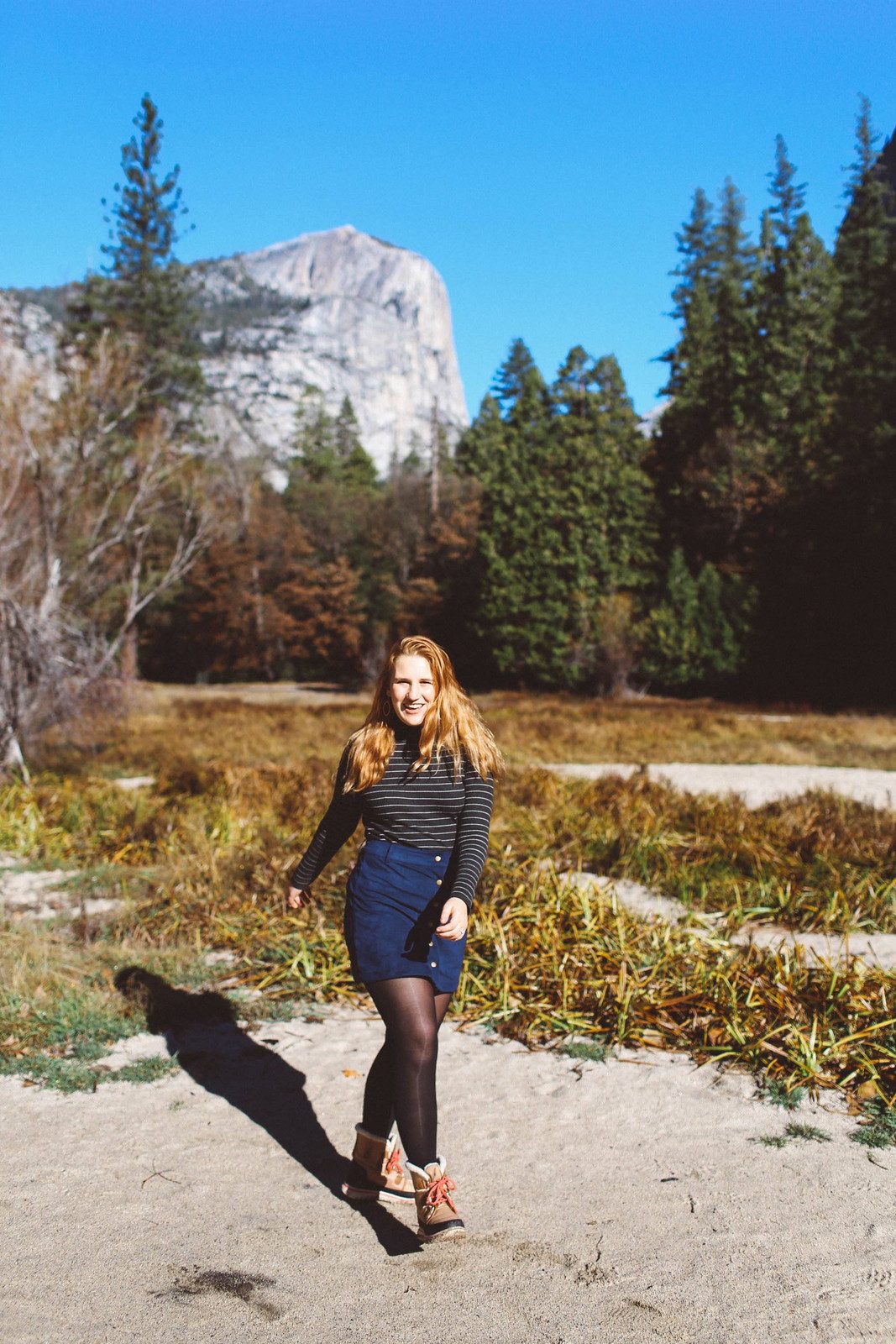 Sightseeing Style: Striped Shirt, Denim Skirt, and Tights Sightseeing Style: Striped Shirt, Denim Skirt, and Tights — Yosemite Outfits