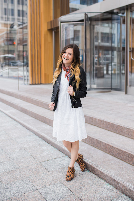 Patterned Bandana Scarf with Leather Jacket and Dress — Bandana Outfits