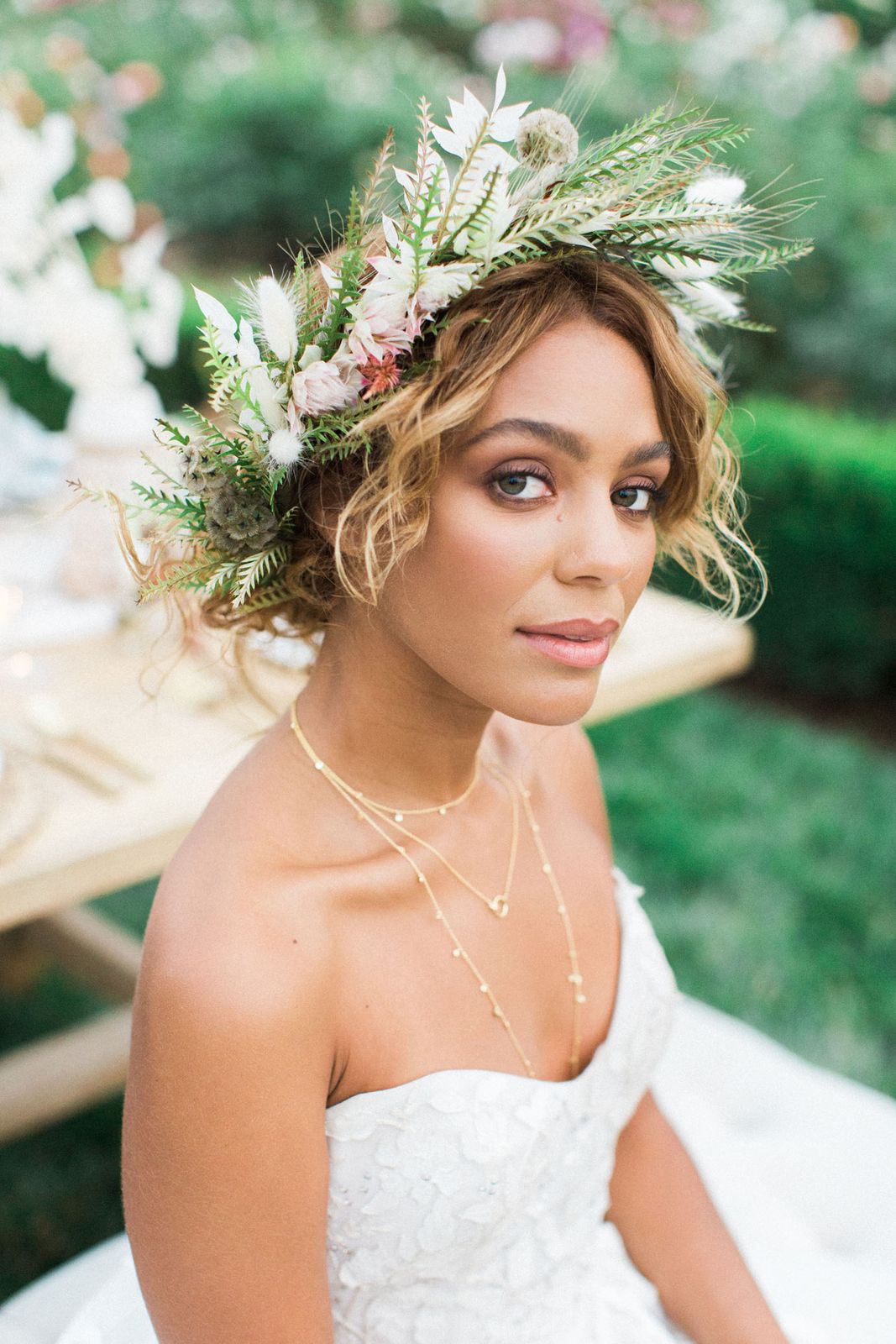 Honey Blonde Curls With Floral Crown — Wedding Hairstyles for Short Hair