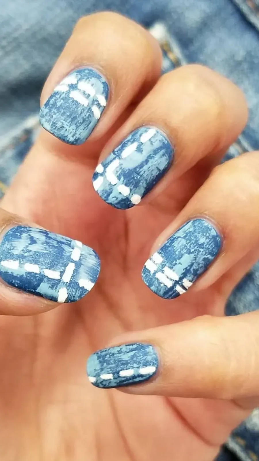 Painted Stitching Short Oval Denim Nails Painted Stitching Short Oval Denim Nails