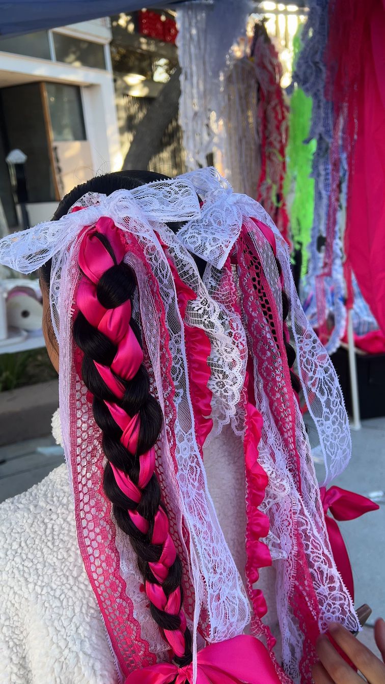 Ornate Braids With Pink and White Ribbons Ornate Braids With Pink and White Ribbons — Mexican Hairstyles