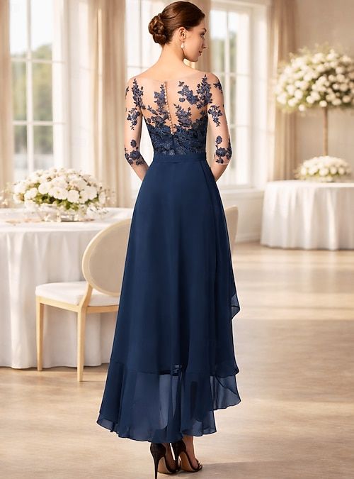 Navy Blue Chiffon Lace High-Low Dress with Lace Back Navy Blue Chiffon Lace High-Low Dress with Lace Back — Mother of the Bride Dresses