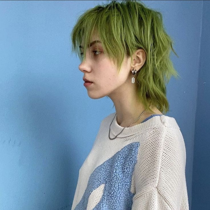 Short Shaggy Cut With Lime Green Short Shaggy Cut With Lime Green — Sage Green Hair