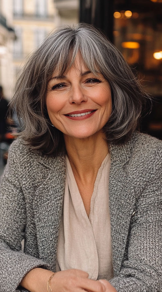 Collarbone Bob With Wispy Bangs Collarbone Bob With Wispy Bangs — Salt and Pepper Bob