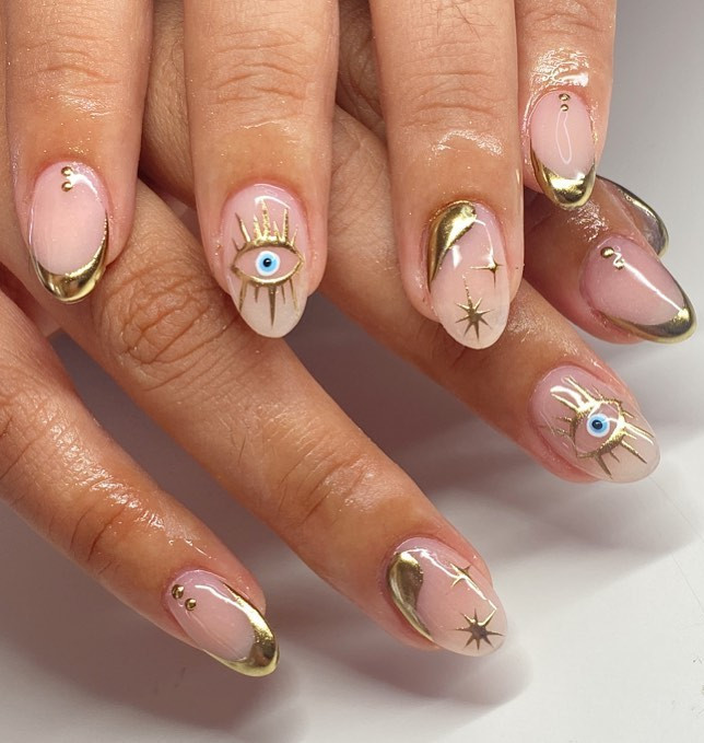 All Seasons Sheer Pink Gold Foil Evil Eye Nails All Seasons Sheer Pink Gold Foil Evil Eye Nails