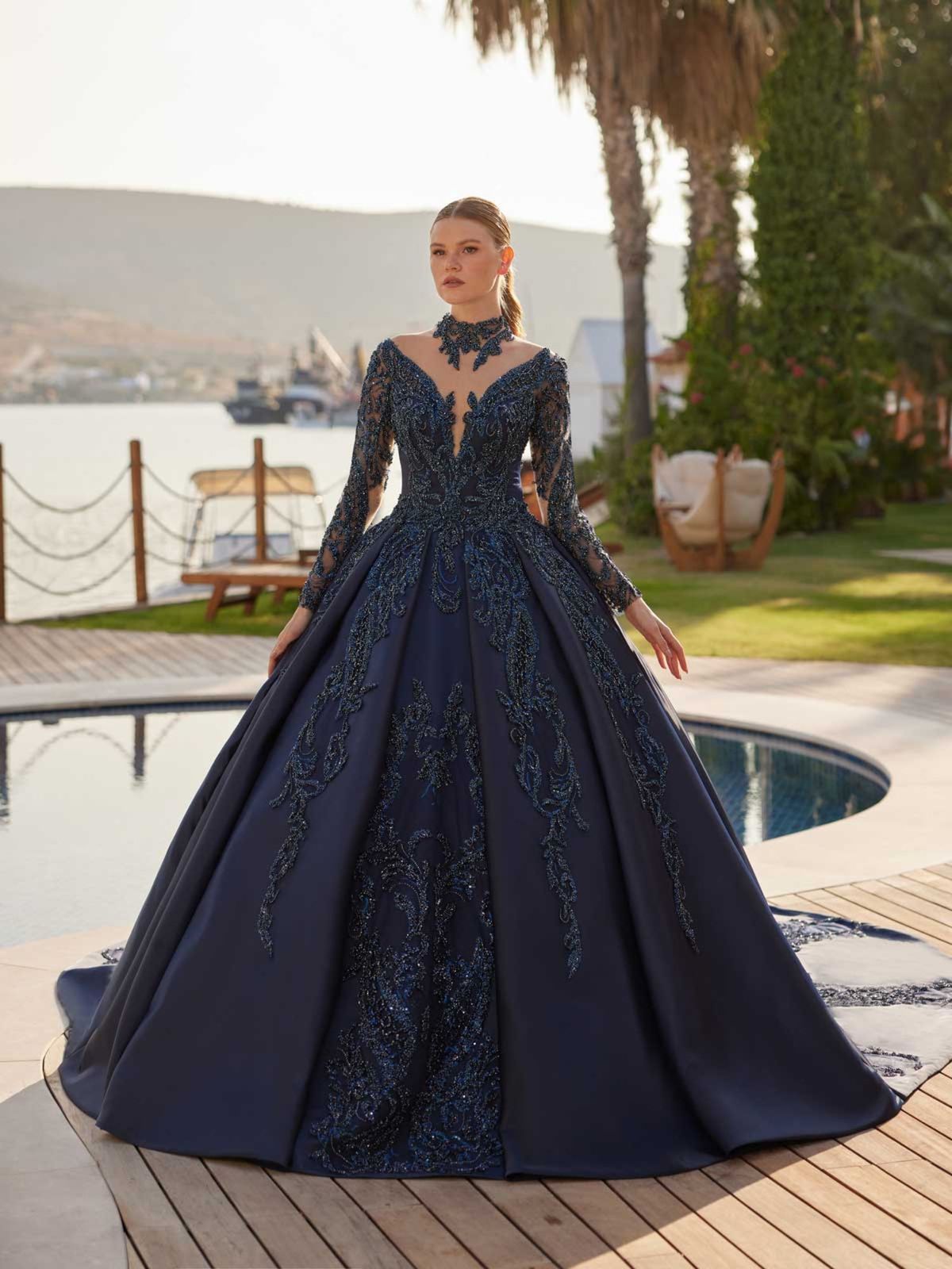 Navy Blue Ball Gown with High Neck and Intricate Beading Navy Blue Ball Gown with High Neck and Intricate Beading — Ball Gowns