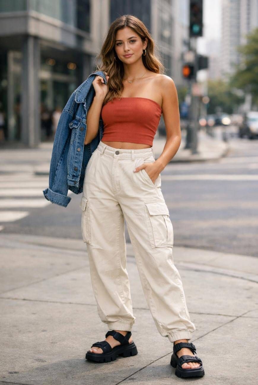 Burnt Orange Tube Top with Cargo Pants and Denim Jacket Burnt Orange Tube Top with Cargo Pants and Denim Jacket — Tube Top Outfits