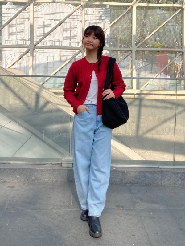 Red Button-Up Cardigan with Relaxed Fit Jeans Red Button-Up Cardigan with Relaxed Fit Jeans — Soft Girl Outfits