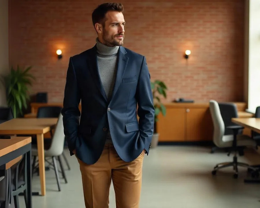 Business Casual Polish: Navy Blazer and Grey Turtleneck Business Casual Polish: Navy Blazer and Grey Turtleneck — Outfits for Men Over 40