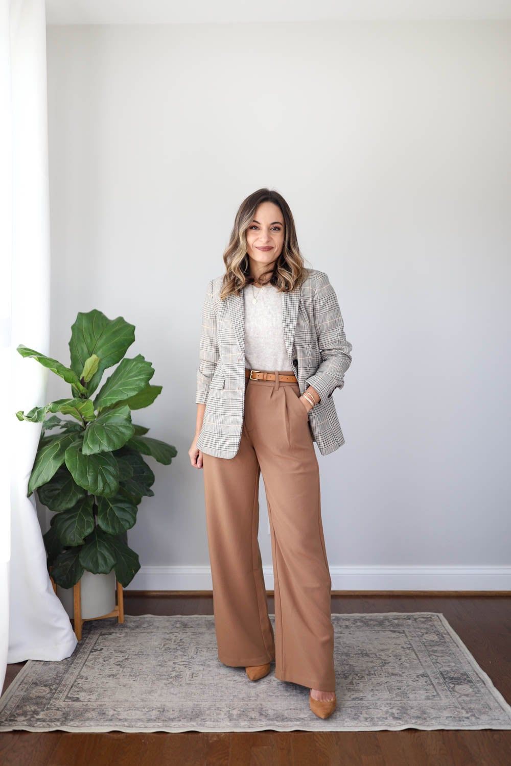 Plaid Blazer with Knit Sweater and Tan Palazzo Pants Plaid Blazer with Knit Sweater and Tan Palazzo Pants — Palazzo Pants Outfits