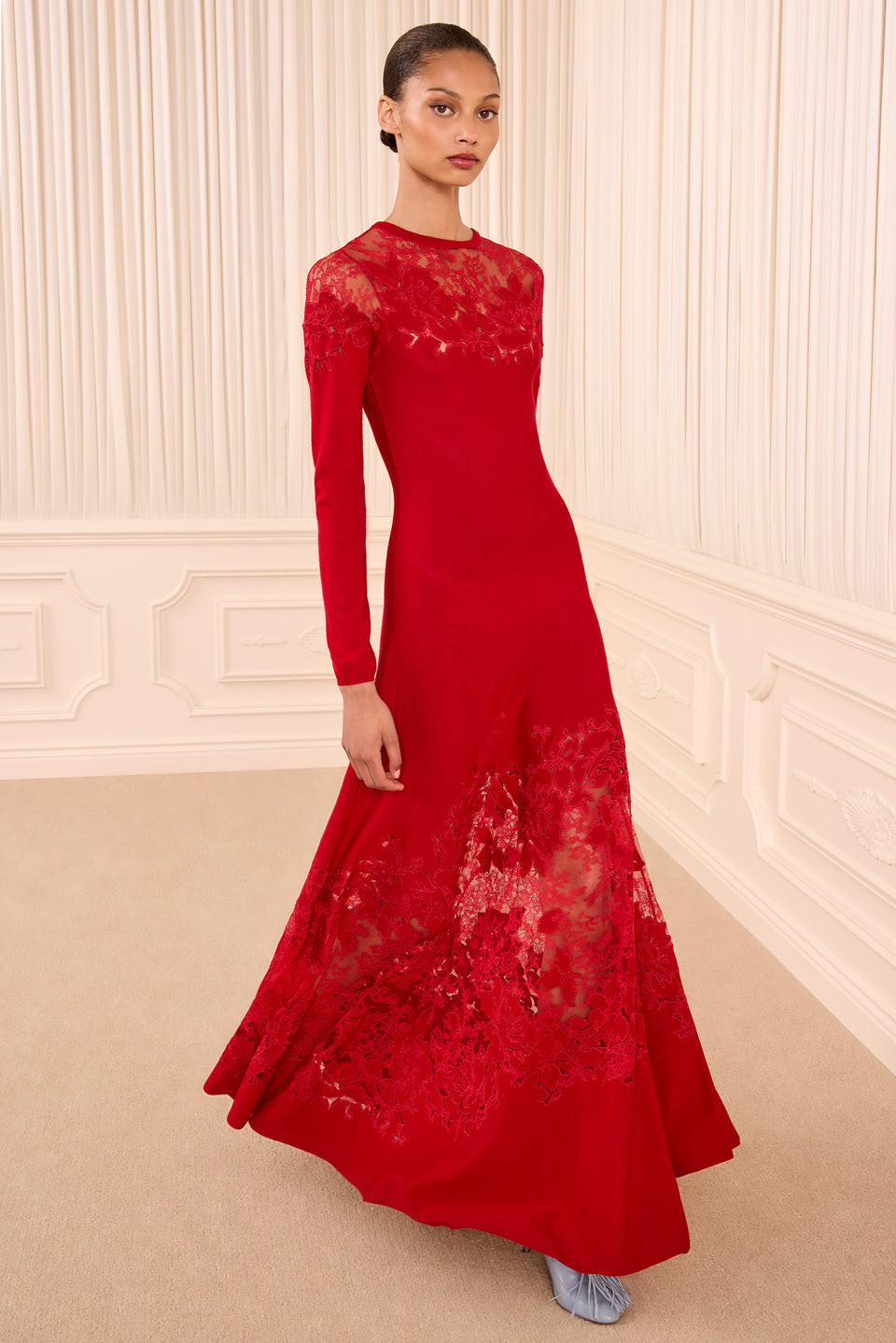 Sophisticated Red Lace Insert Dress for Evening Sophisticated Red Lace Insert Dress for Evening — Lace Dresses