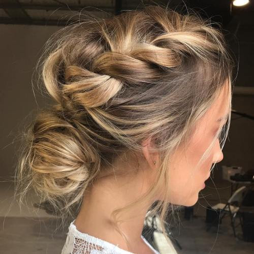 Blonde Balayage Updo with Curtain Bangs — Low Bun with Bangs