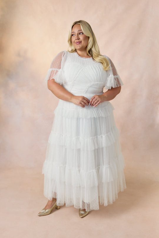 Tiered White Tulle Dress with Flutter Sleeves Tiered White Tulle Dress with Flutter Sleeves — Tulle Skirts