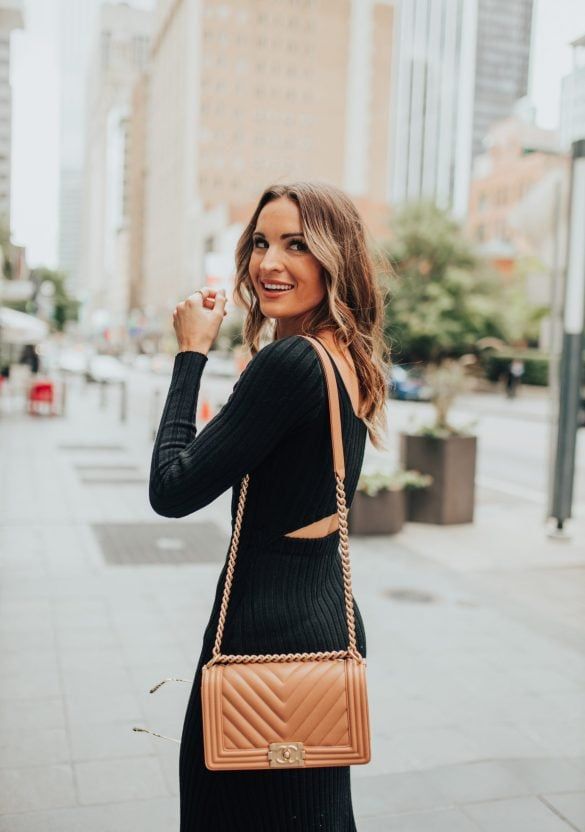 Ribbed Knit Midi Dress with Back Cut-Out for Evening Hosting Ribbed Knit Midi Dress with Back Cut-Out for Evening Hosting — Hostess Outfits