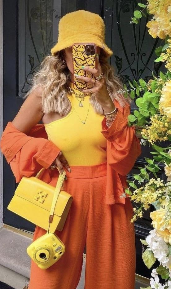 Vibrant Orange Wide-Leg Pants with Layered Tops Vibrant Orange Wide-Leg Pants with Layered Tops — Colorful Outfits