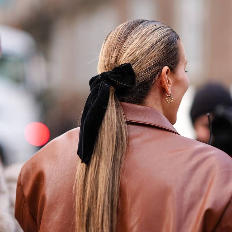 Blonde Straight Ponytail Shoulder Length — Low Ponytail with Bow