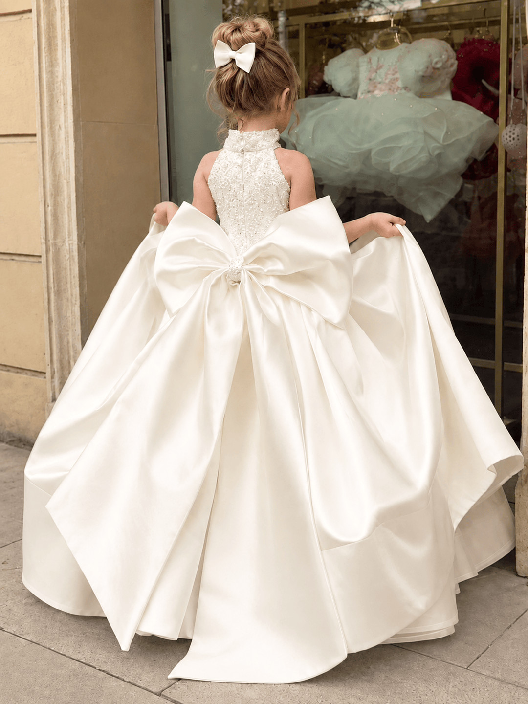 Chic Satin Ballgown with Statement Oversized Back Bow Chic Satin Ballgown with Statement Oversized Back Bow — First Communion Outfits