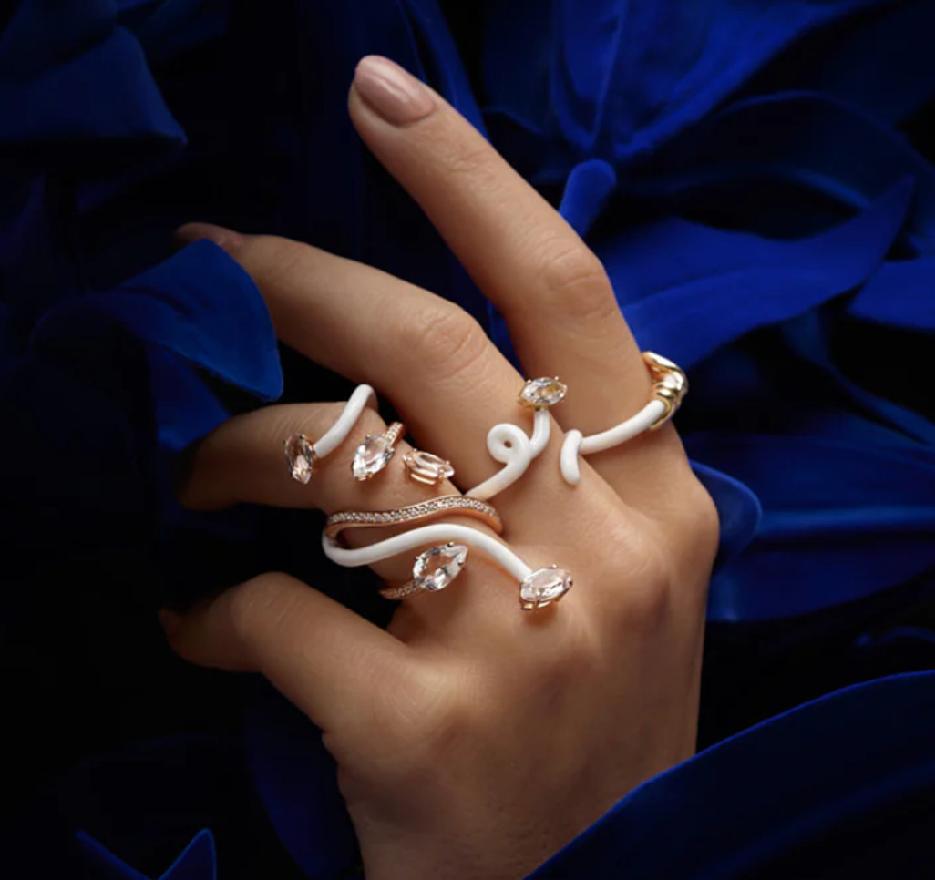 Sculptural White Enamel and Gold Rings — Cocktail Rings