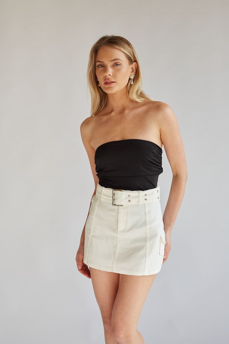 White Mini Cargo Skirt with Strapless Top — Cargo Skirt Outfits