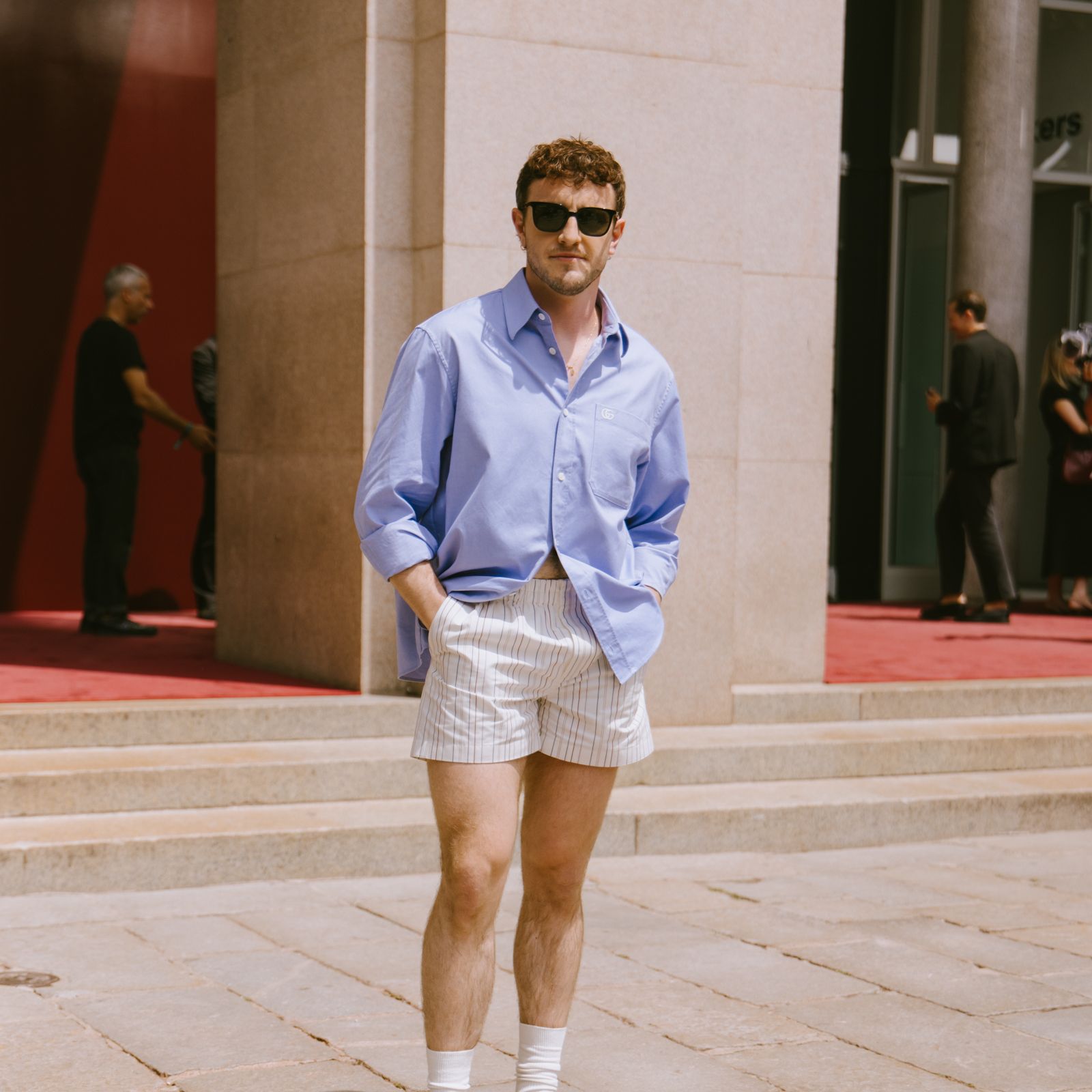 Oversized Light Blue Shirt with Striped Shorts for Relaxed Vibes Oversized Light Blue Shirt with Striped Shorts for Relaxed Vibes — Mens Vacation Outfits