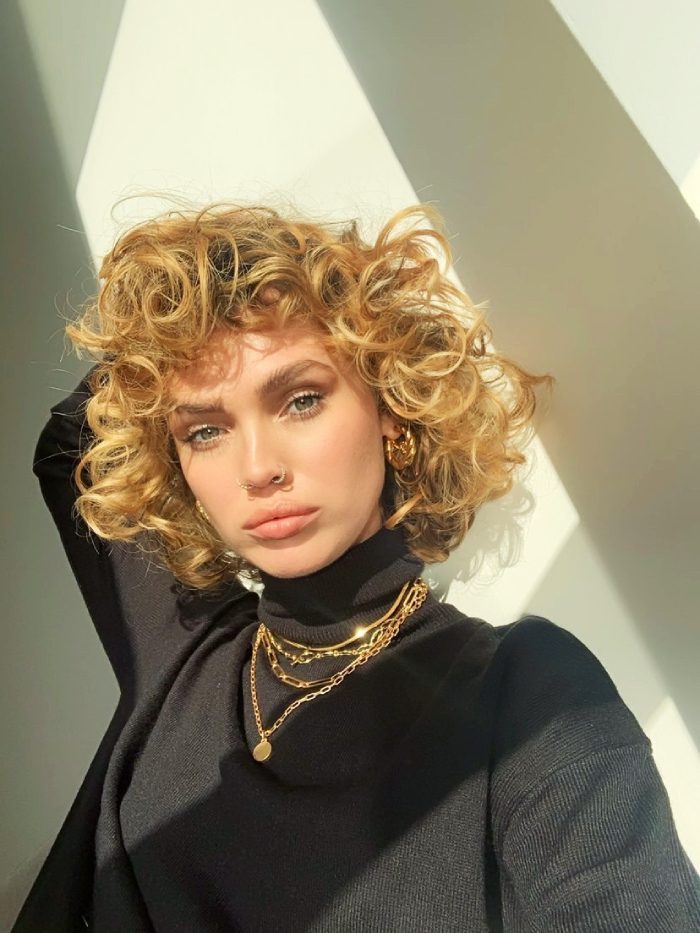 Golden Blonde Bob With Voluminous Curly Bangs Golden Blonde Bob With Voluminous Curly Bangs — Short Curly Hairstyles