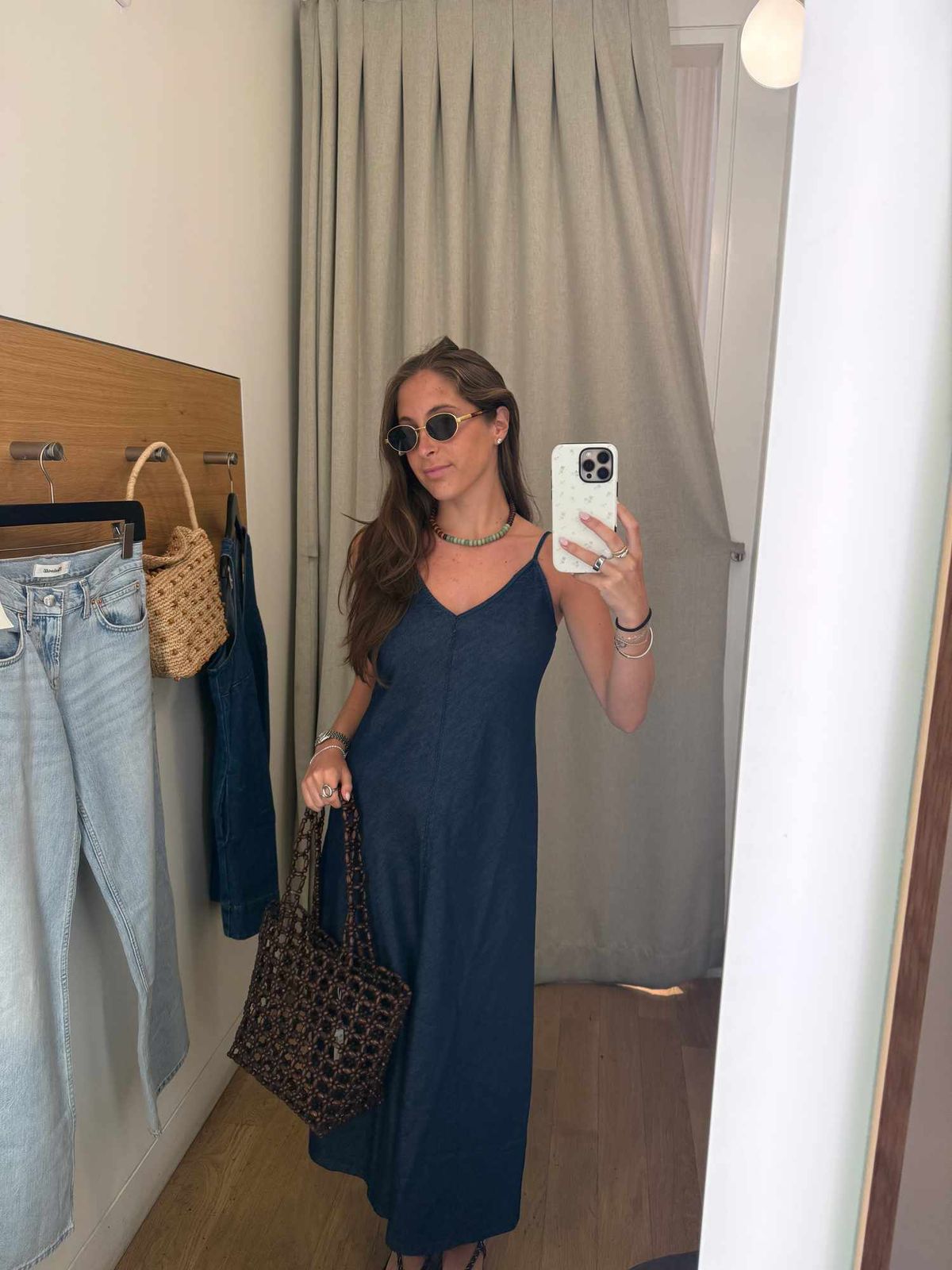 Dark Blue Slip Dress with Tortoiseshell Oval Sunglasses and Sandals — Oval Sunglasses Outfits