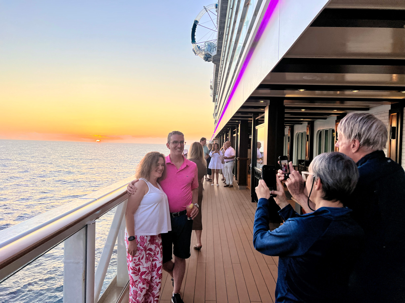 White Tank Top with Pink Floral Wide-Leg Pants on Deck — Cruise Dinner Outfits