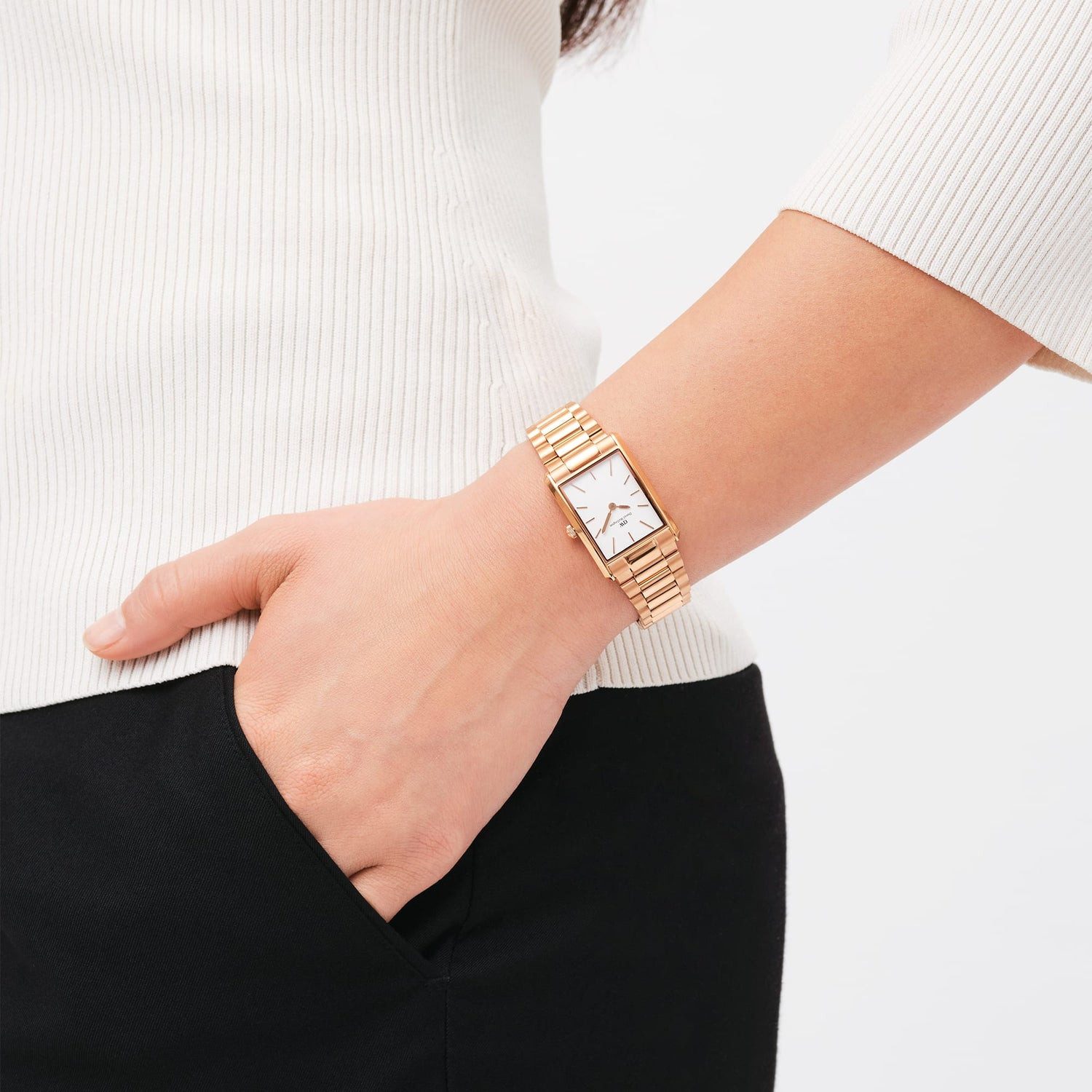 Rose Gold Rectangular Watch with Casual Outfit — Gold Watches for Women