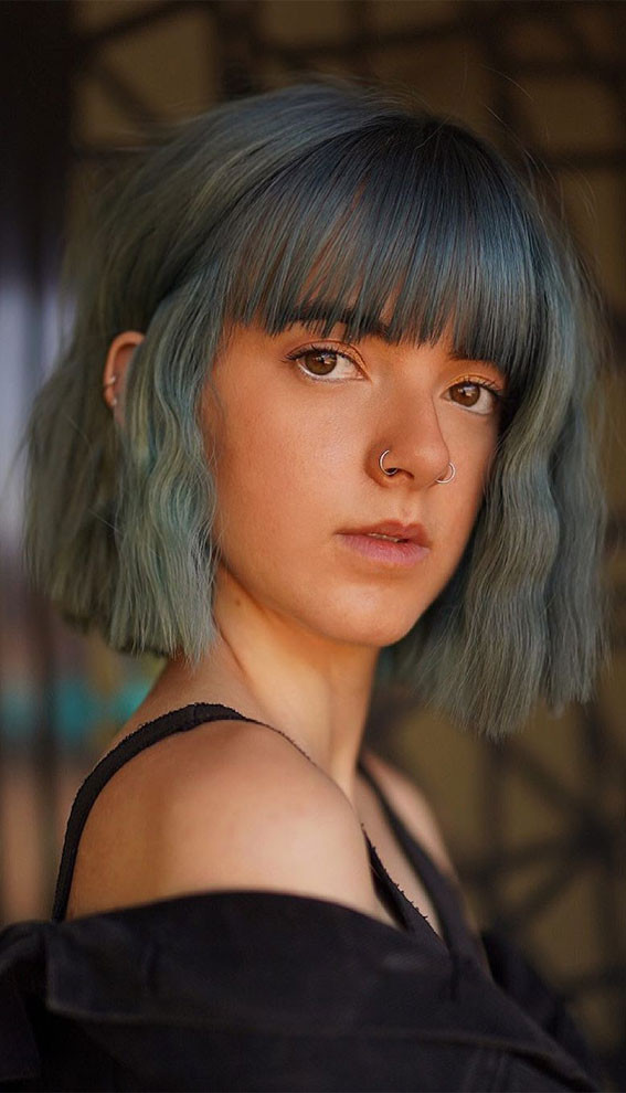 Muted Teal Bob with Blunt Bangs Muted Teal Bob with Blunt Bangs — Teal Hair