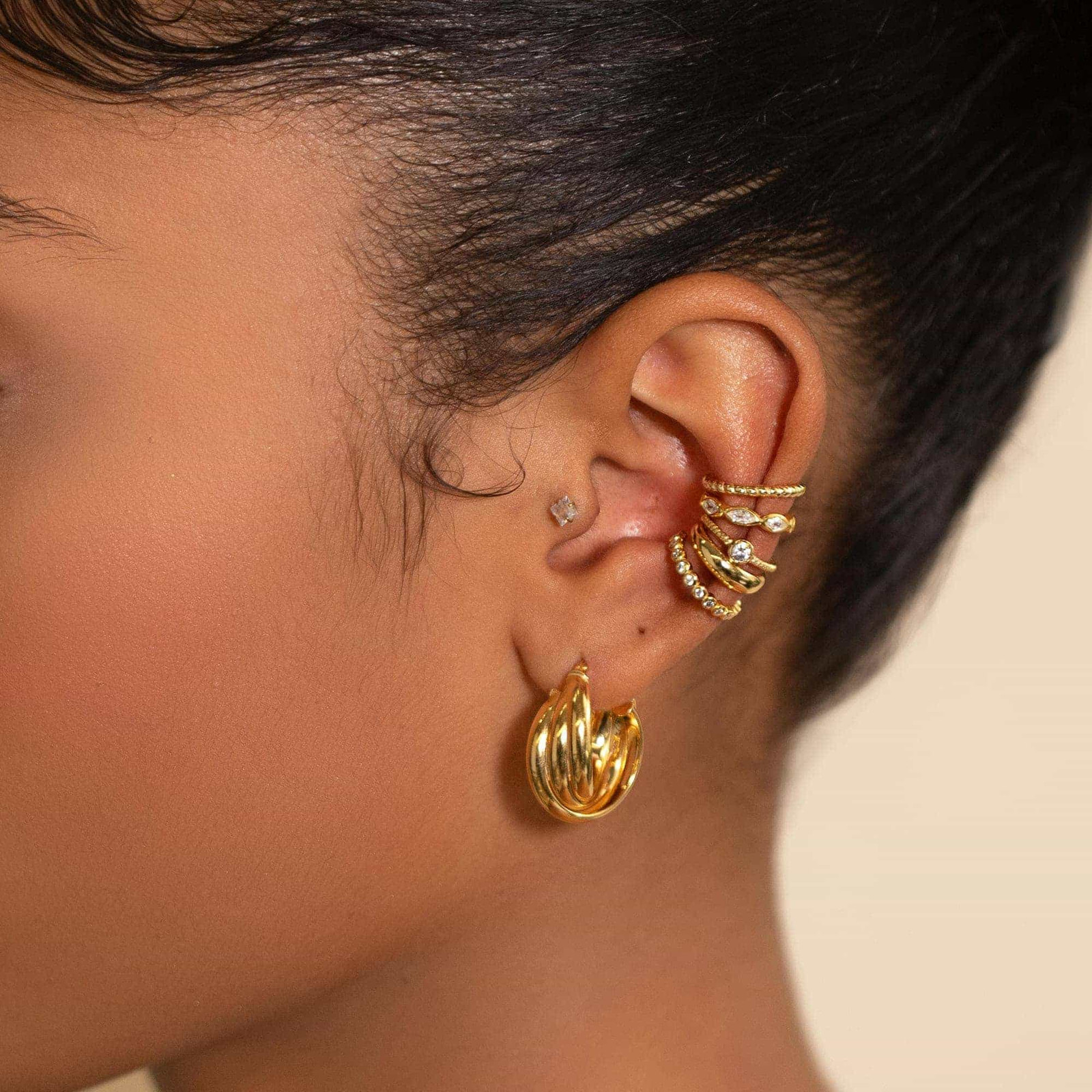Stacked Gold Ear Cuffs with Diamond Accents Stacked Gold Ear Cuffs with Diamond Accents