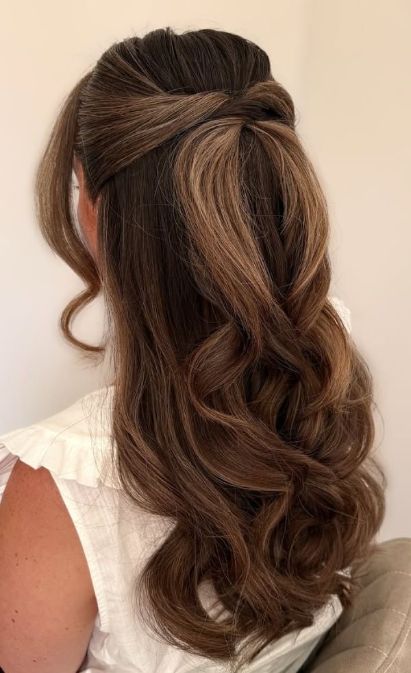 Textured Bun Dark Brown Caramel Highlights Textured Bun Dark Brown Caramel Highlights — Half Up Half Down Long Hair