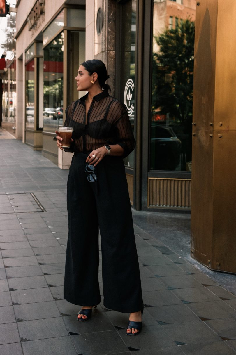 Striped Sheer Blouse with High-Waisted Trousers — Sheer Top Outfits