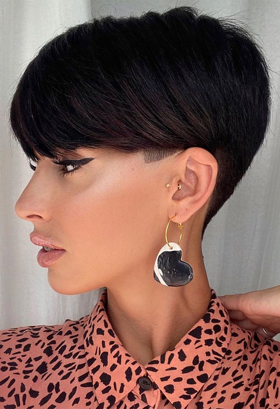 Dark Espresso Pixie With Blunt Fringe — Undercut Pixie