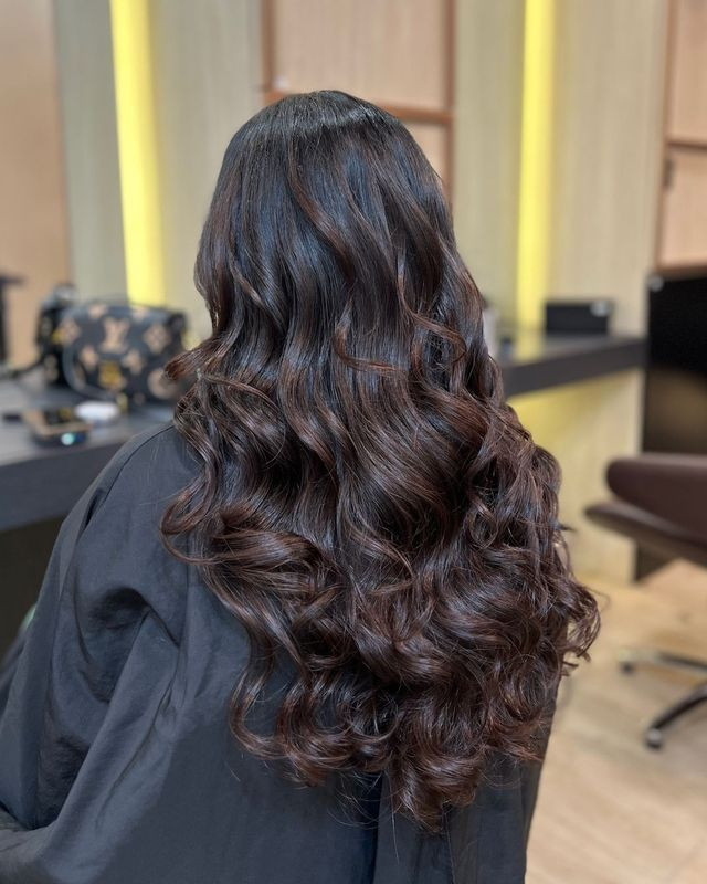 Glossy Dark Brown Curls With Highlights — Dark Brown Hair