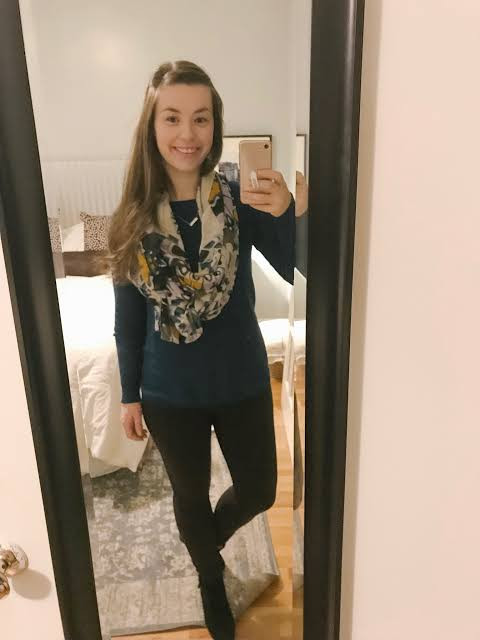 Navy Top and Leggings with a Statement Scarf — Student Teacher Outfits