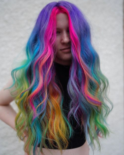 Full Rainbow With Face-Framing Curtain Bangs Full Rainbow With Face-Framing Curtain Bangs — Rainbow Hair