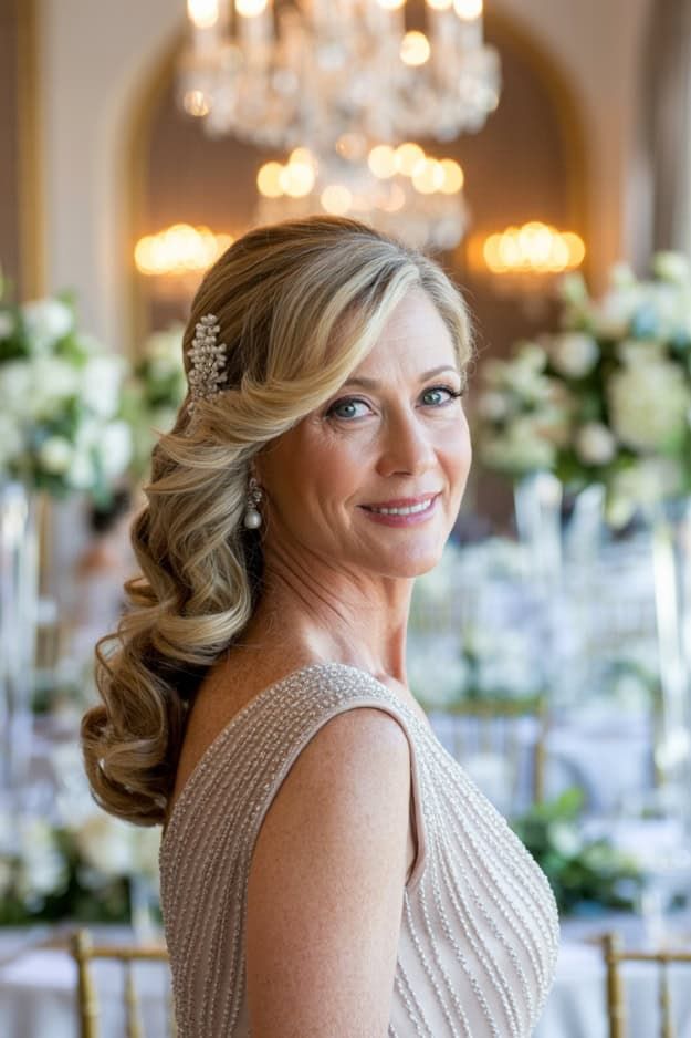 Glamorous Blonde Curls Swept to Side — Mother of the Groom Hairstyles