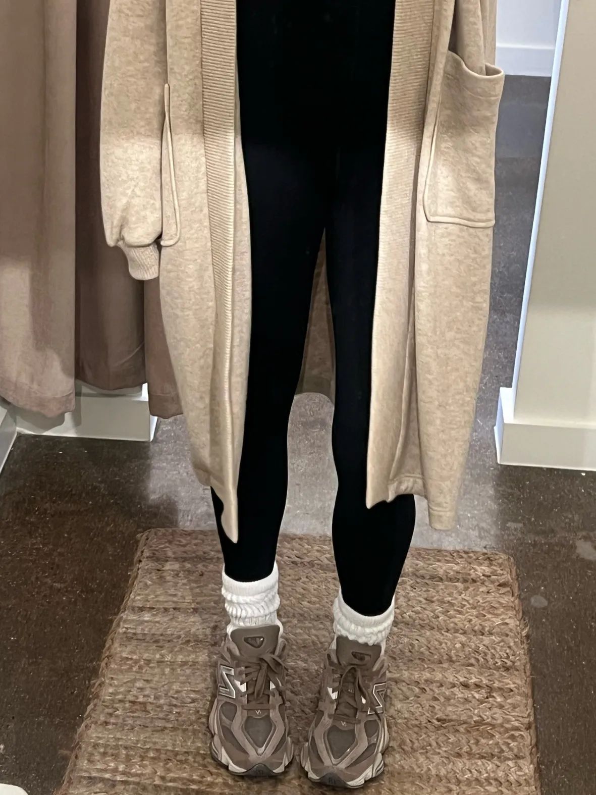 Grey and Brown 9060s with Black Leggings and Beige Cardigan Grey and Brown 9060s with Black Leggings and Beige Cardigan — New Balance 9060 Outfits