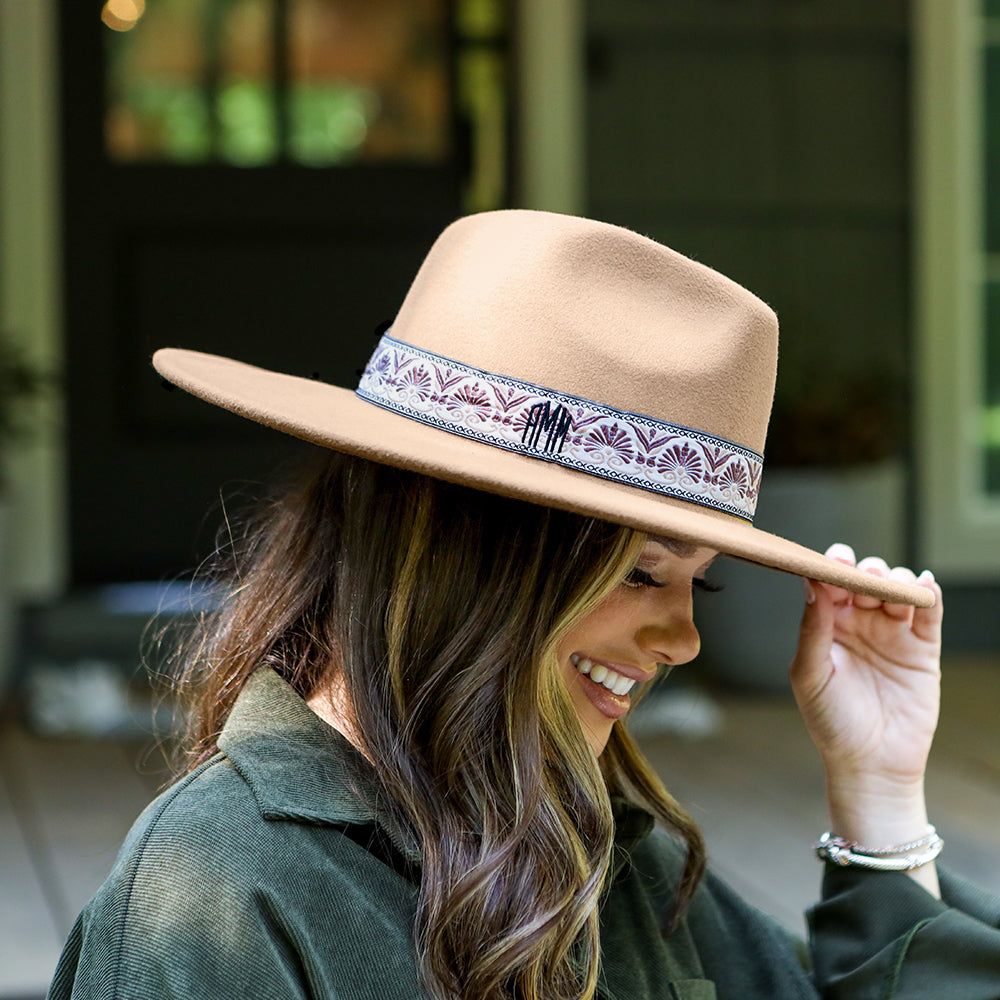 Tan Felt Hat with Monogrammed Band and Corduroy Shirt Tan Felt Hat with Monogrammed Band and Corduroy Shirt — Wide Brim Hat Outfits