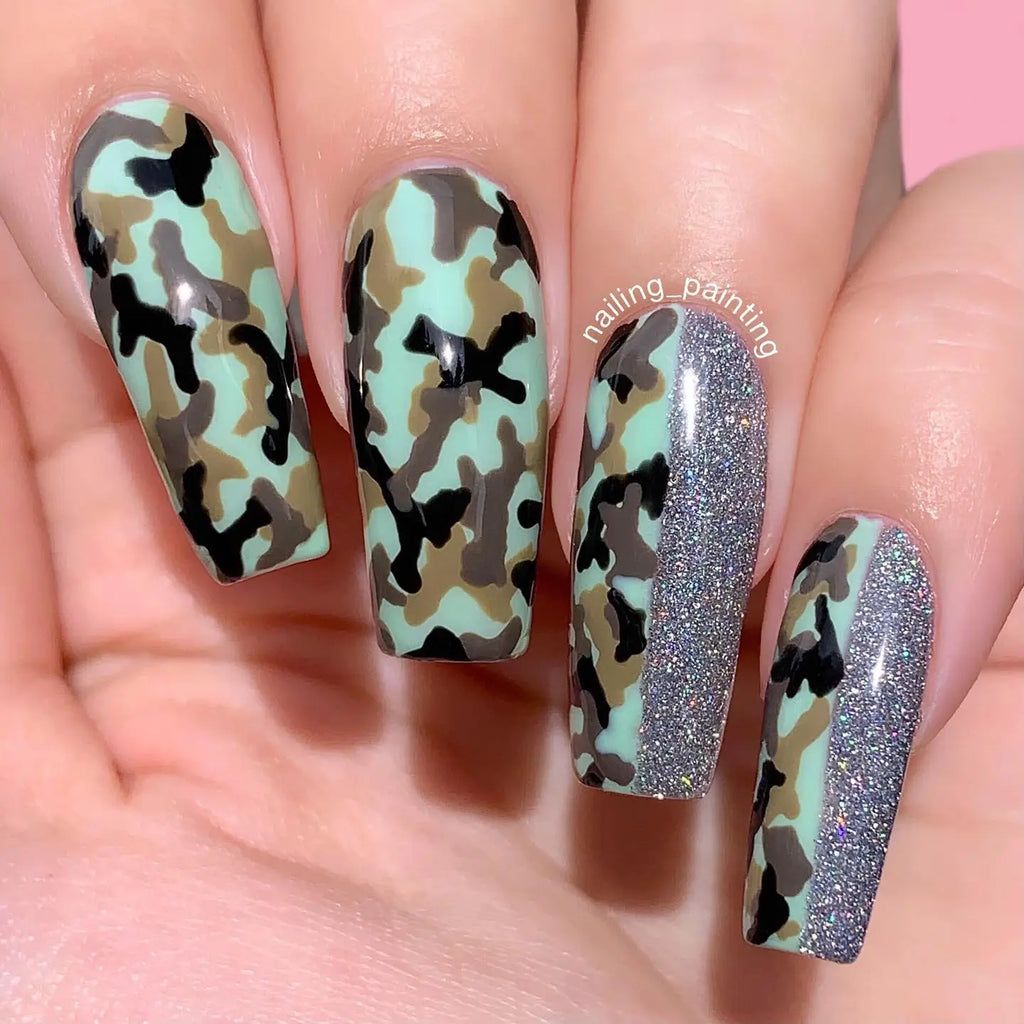 Mint and Olive Camo with Silver Glitter Mint and Olive Camo with Silver Glitter — Camo Nails