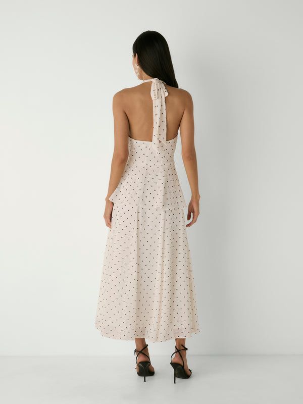 Polka Dot Halter Neck Midi Dress for Honeymoon Evenings — Honeymoon Dresses